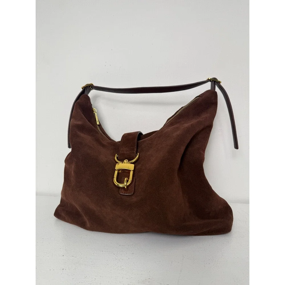 ASOS DESIGN Women Chocolate Brown Suede Slouchy Hobo Bag Gold Hardware F102448